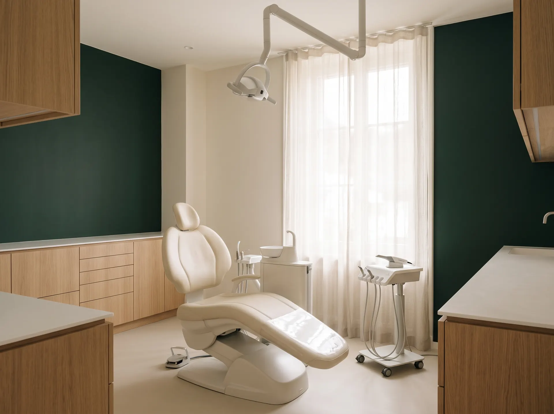 Salle de soins : fauteuil crème, mobilier en chêne clair et mur vert sapin