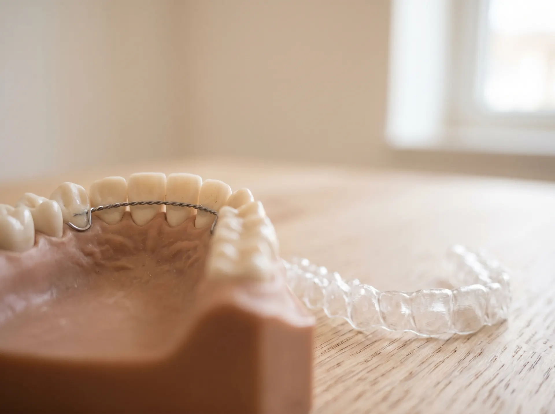 Fil de contention collé derrière les dents d'un modèle dentaire, gouttière transparente posée à côté
