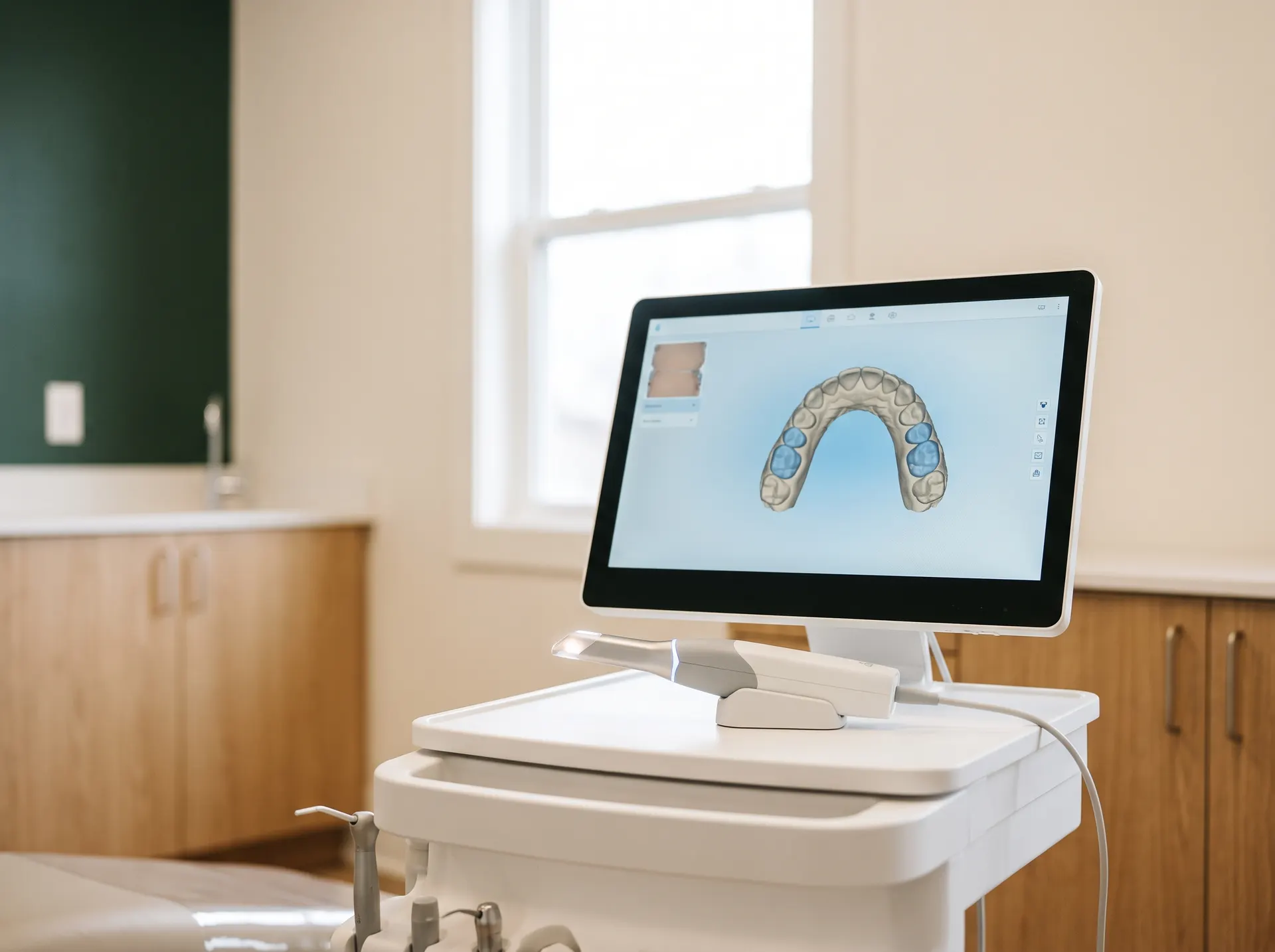 Scanner optique intra-oral et son écran affichant une arcade dentaire numérisée en 3D