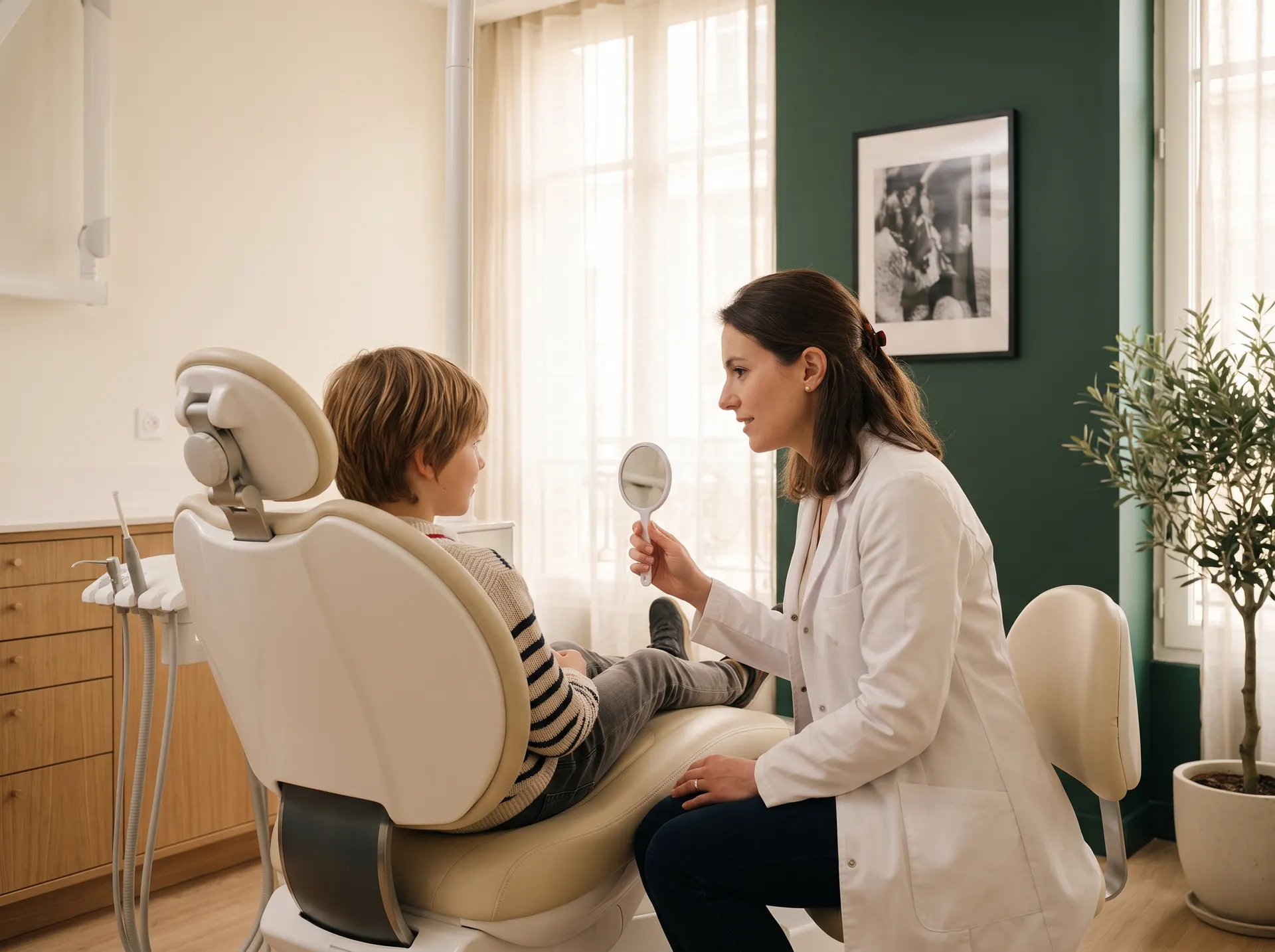 Enfant installé dans le fauteuil, en discussion avec l'orthodontiste