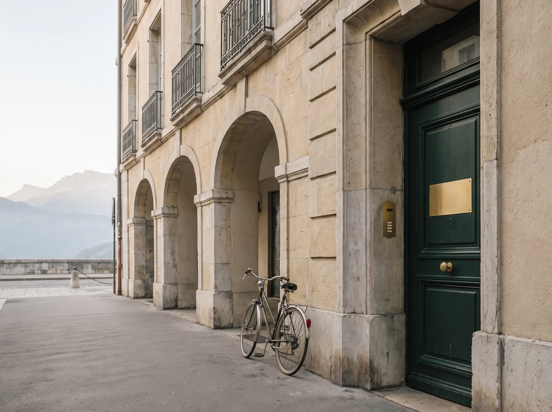 Entrée de l'immeuble du cabinet sous les arcades de la rue de Boigne, porte verte et plaque en laiton