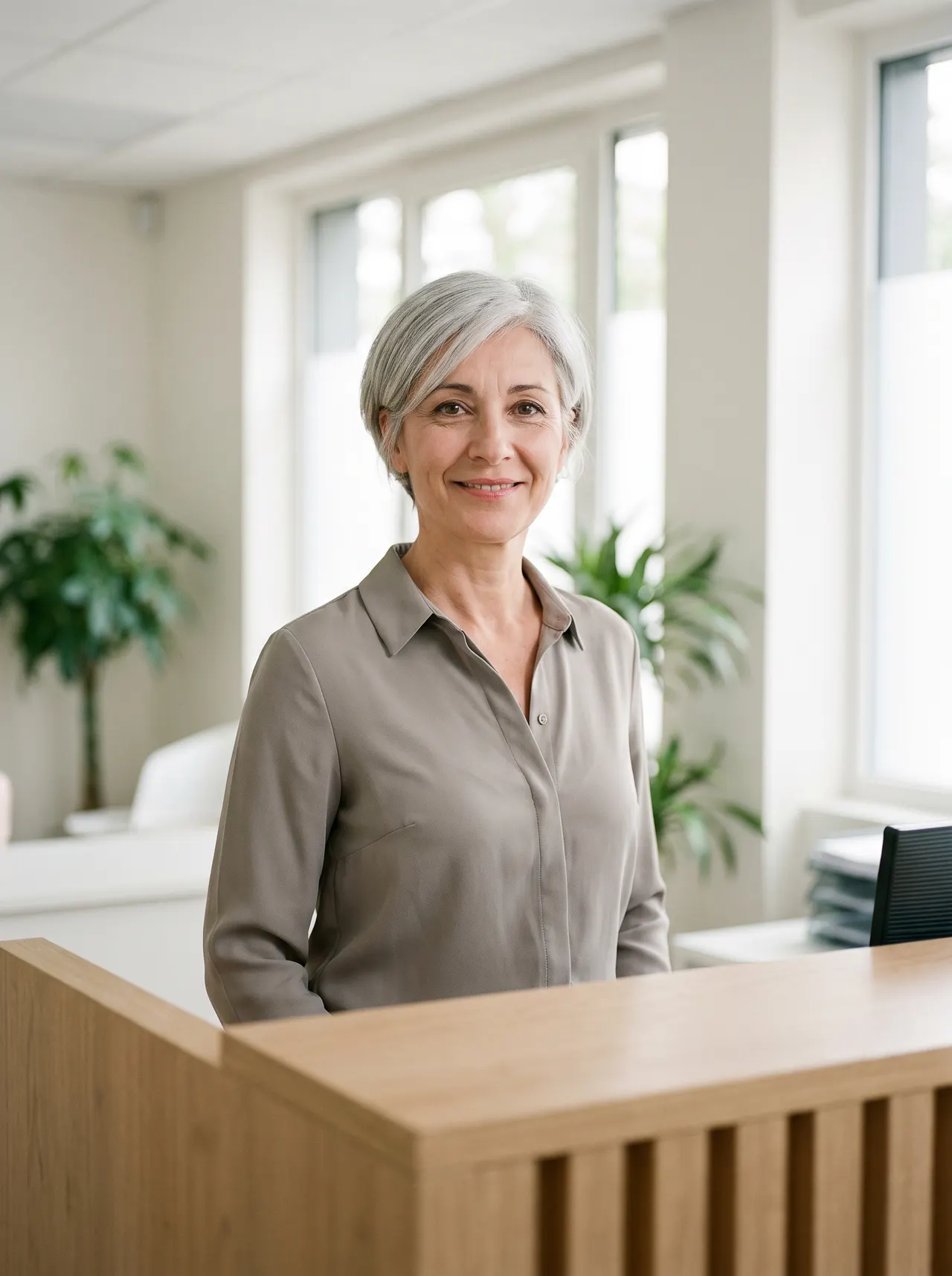 Portrait de Sylvie, secrétaire médicale, à la banque d'accueil